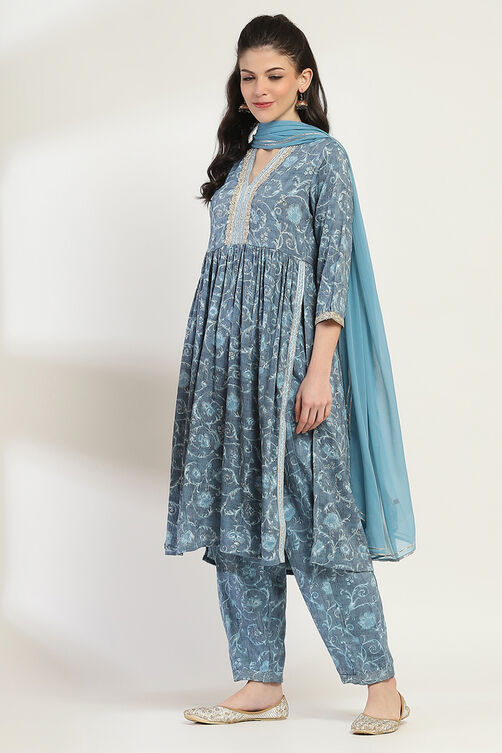 Grey Printed Gathered Suit Set image number 3