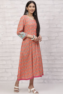 Orange LIVA Kalidar Kurta Dress image number 3