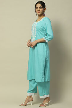 Cyan Blue Rayon Slub Staight Kurta image number 3