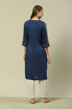 Blue Poly Viscose Straight Printed Kurta image number 3