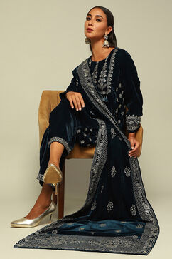 Teal Blue Poly Velvet A-Line Printed Kurta Salwar Suit Set image number 0