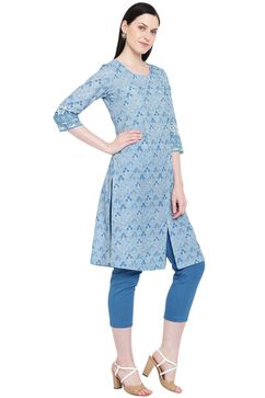 Light-Blue Cambric A-Line Kurta image number 3