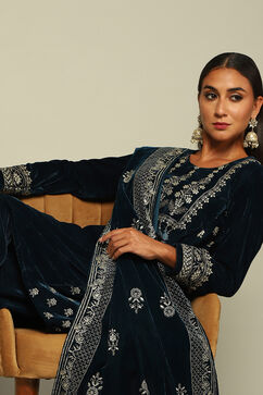 Teal Blue Poly Velvet A-Line Printed Kurta Salwar Suit Set image number 7