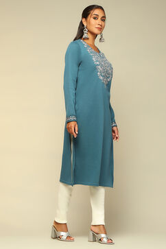 Blue Cotton Blend Straight Kurta image number 4
