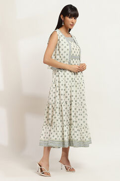Off-White Cotton Printed Tiered Dress image number 4