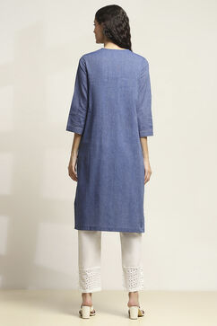 Blue Cotton Yarndyed Straight Kurta image number 3