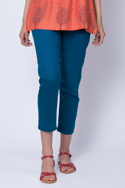 Teal Blue Poly Cotton Slim Pants image number 0