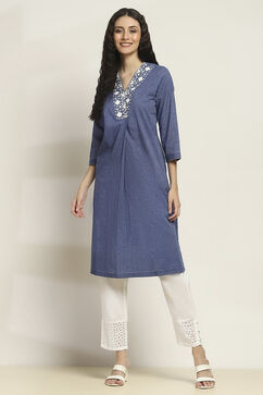 Blue Cotton Yarndyed Straight Kurta image number 5