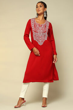 Red Acrylic Straight Kurta image number 5