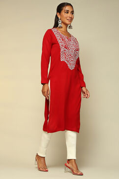 Red Acrylic Straight Kurta image number 4