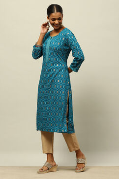Teal Printed Straight Kurta image number 2