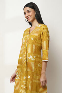 Yellow Cotton Printed Flared Dress image number 1