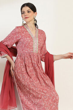 Pink Printed Gathered Suit Set image number 0