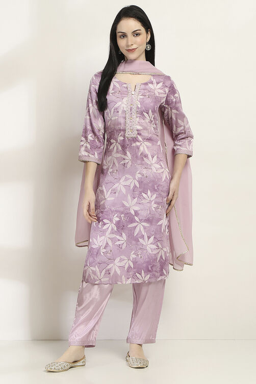 Mauve Cotton Floral Straight Suit Set image number 6