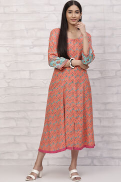 Orange LIVA Kalidar Kurta Dress image number 0