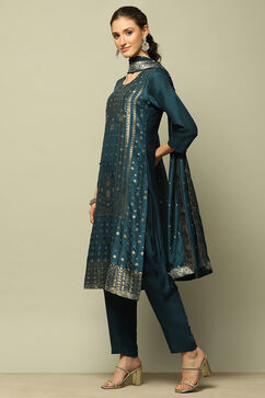 Blue Yarn Dyed Straight Suit Set image number 3