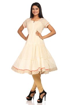 Off White Anarkali Cotton Kurta image number 3
