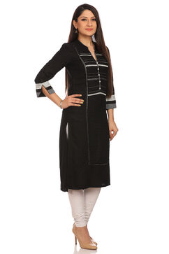 Black Asymmetric Cotton Kurta image number 1