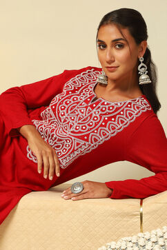 Red Acrylic Straight Kurta image number 6
