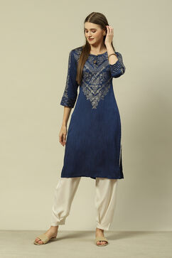 Blue Poly Viscose Straight Printed Kurta image number 5