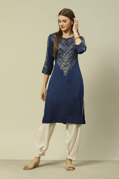 Blue Poly Viscose Straight Printed Kurta image number 5
