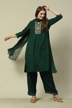 Green LIVA Straight Printed Kurta Palazzo Suit Set image number 0