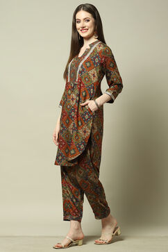 Rust Viscose Blend Printed Straight Co-ord Set image number 3