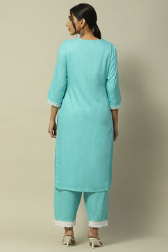 Cyan Blue Rayon Slub Staight Kurta image number 4