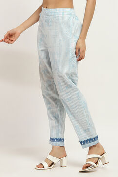 White and Blue Cotton Printed Regular Pants image number 2