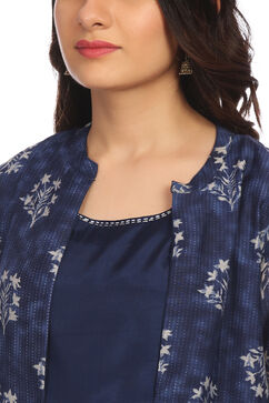 Blue Front Open Poly Chanderi Suit Set image number 1