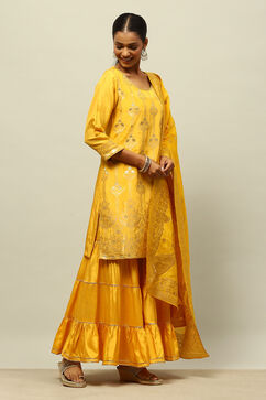 Mustard Yellow Viscose Blend Straight Yarn Dyed Kurta Sharara Suit Set image number 5