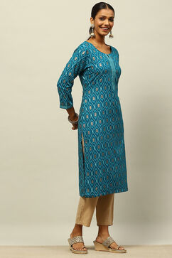 Teal Printed Straight Kurta image number 4