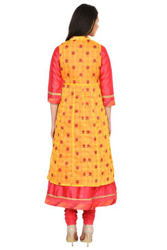 Yellow & Pink Reversible Anarkali Polyester Kurta image number 6
