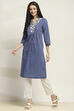 Blue Cotton Yarndyed Straight Kurta image number 2