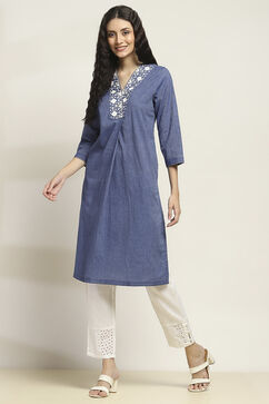 Blue Cotton Yarndyed Straight Kurta image number 2