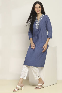 Blue Cotton Yarndyed Straight Kurta image number 0