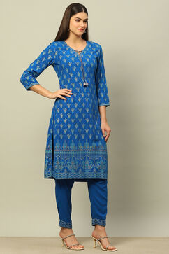 Blue Rayon Straight Printed Kurta Salwar Pants Suit Set image number 5