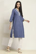 Blue Cotton Yarndyed Straight Kurta image number 4