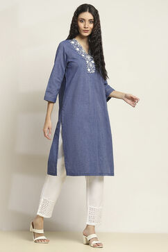 Blue Cotton Yarndyed Straight Kurta image number 4
