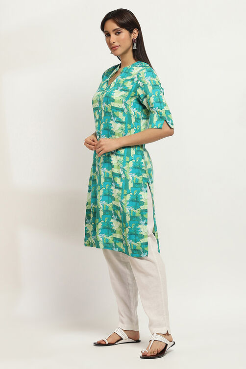 Teal Printed Straight Kurta image number 2