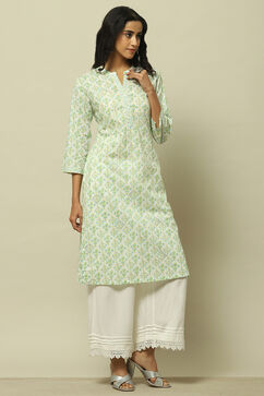 White & Green Cambric Printed Straight Kurta image number 4