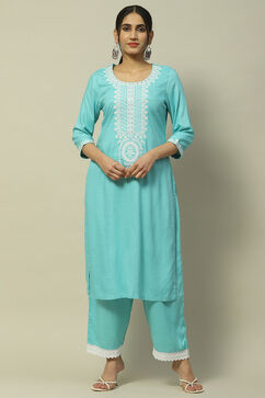 Cyan Blue Rayon Slub Staight Kurta image number 0