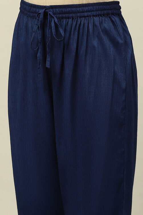 Blue Viscose Blend Straight Embroidered Kurta Palazzo Suit Set image number 2