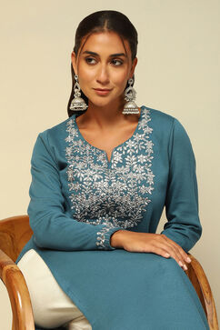 Blue Cotton Blend Straight Kurta image number 6