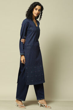Navy Cotton Blend Straight Printed Kurta Palazzo Suit Set image number 5