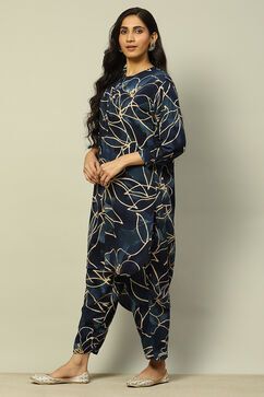 Navy Blue Floral Printed Straight Co-ord Set image number 3