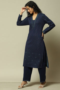 Navy Cotton Blend Straight Printed Kurta Palazzo Suit Set image number 3