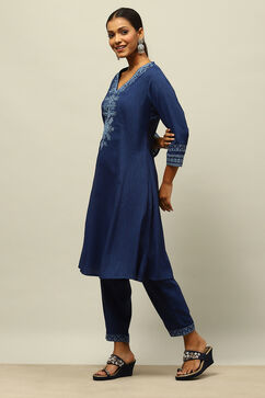 Blue Viscose Blend Straight Embroidered Kurta Palazzo Suit Set image number 3