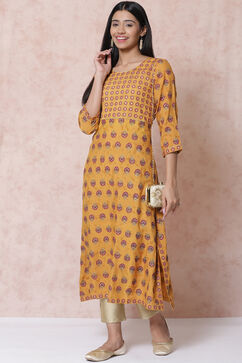 Mustard Viscose Rayon Asymmetric Kurta image number 2