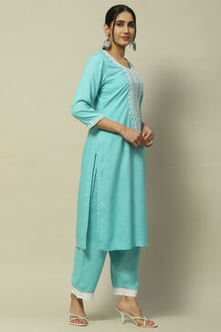 Cyan Blue Rayon Slub Staight Kurta image number 5